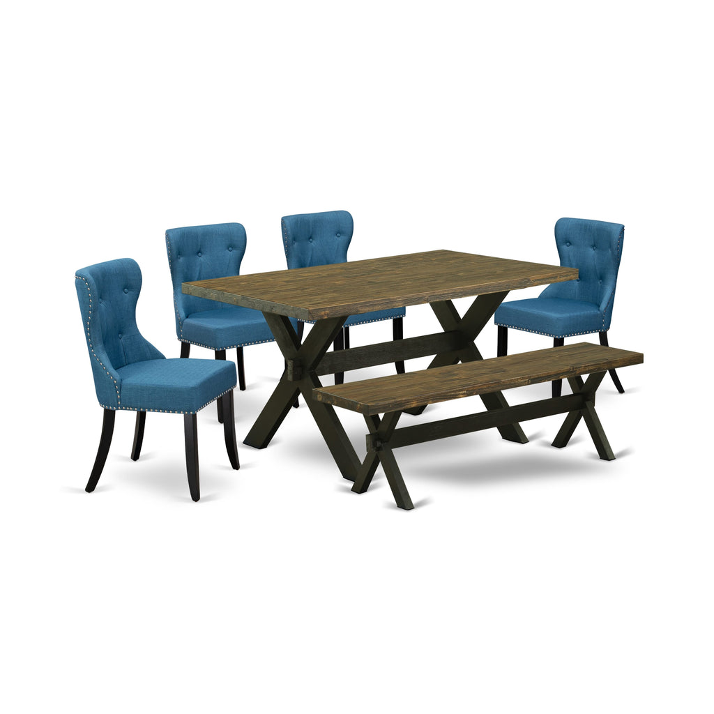 X676S0UMR-E Ensemble 6-Piece Dinner Set with Forest Green X-Leg Table & Cozy Blue Chairs