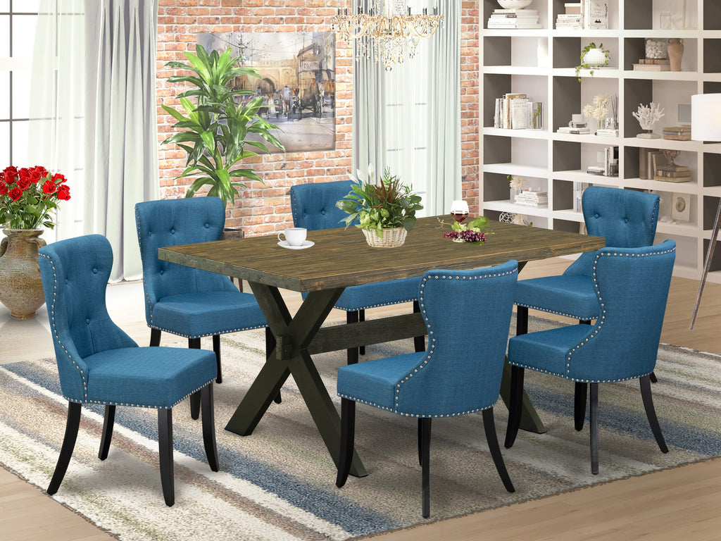 Rectangular Dining Set X676SO93I-R with X-Leg Table & 6 Blue Linen Chairs, 36x60 Inch