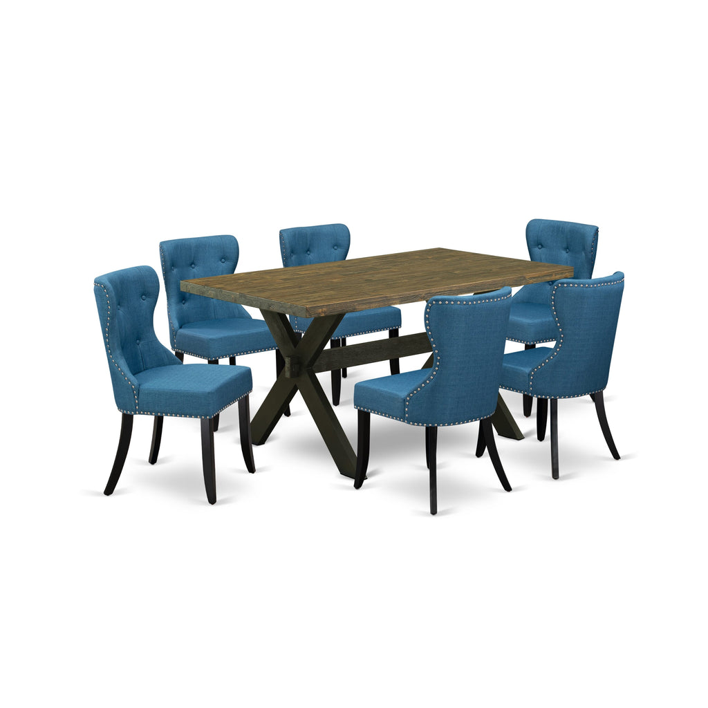 Rectangular Dining Set X676SO93I-R with X-Leg Table & 6 Blue Linen Chairs, 36x60 Inch