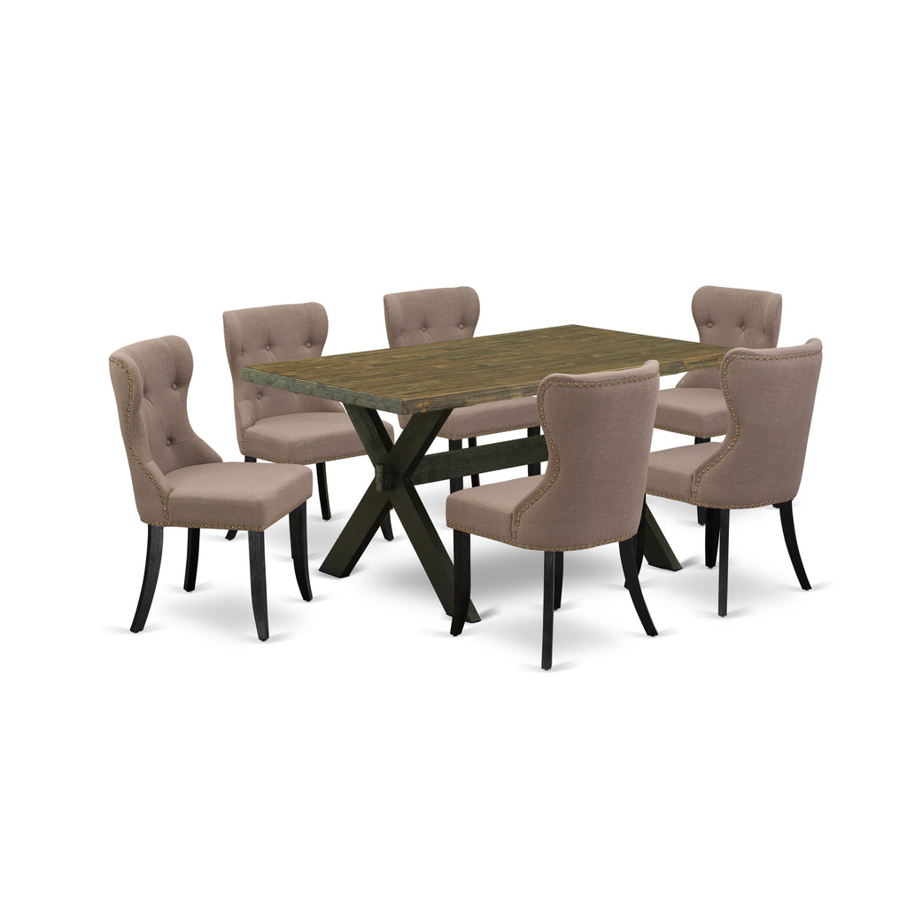 X676SHANJ-B 7-Piece Elegant Dining Set with Rectangular Wooden Table and 6 Upholstered Fabric Chairs