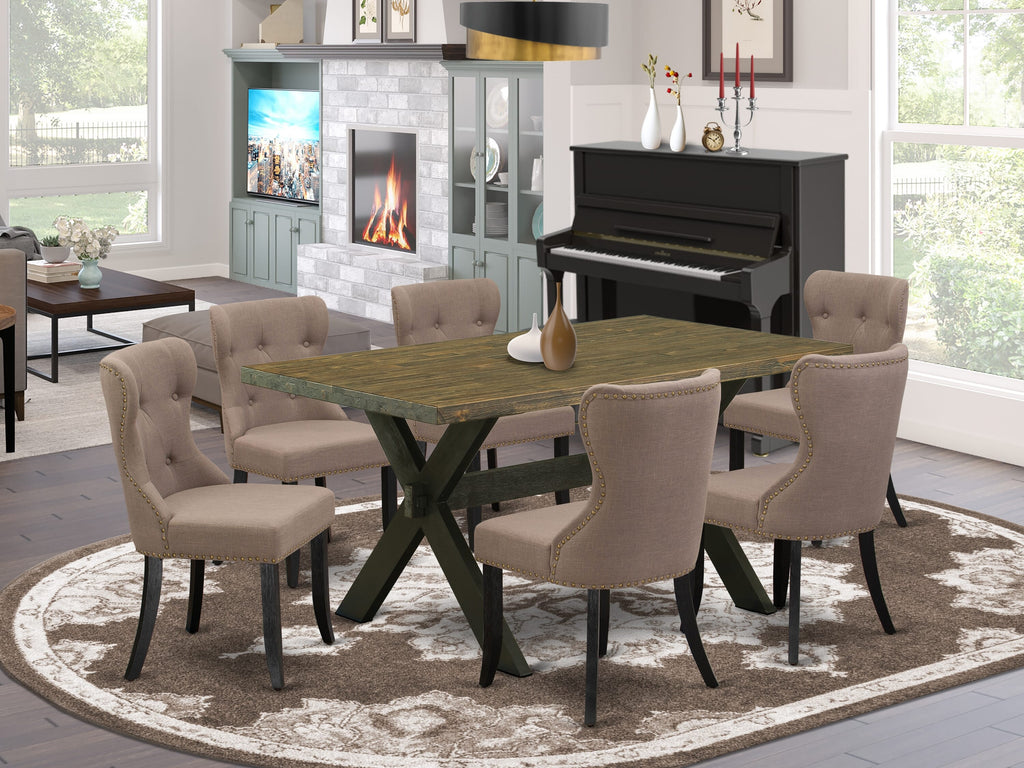 X676SHANJ-B 7-Piece Elegant Dining Set with Rectangular Wooden Table and 6 Upholstered Fabric Chairs
