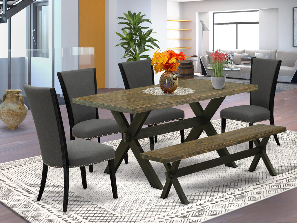 X676VTQ2L-A Stylish 6-Piece Set Featuring Rectangular Table with Cross-Legs, 4 Chairs, and Bench in Multi-Hue, Perfect for Dining Room Elegance