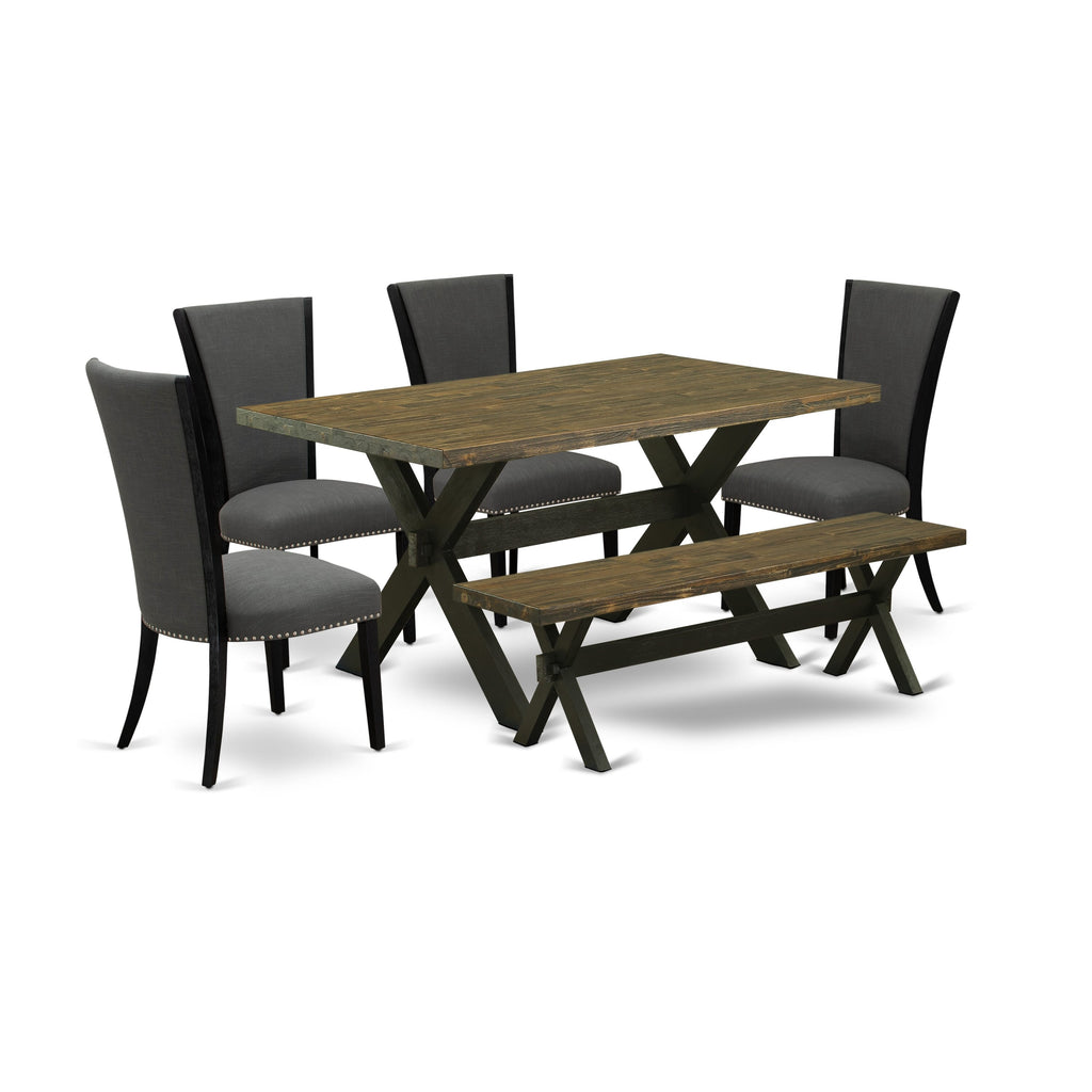 X676VTQ2L-A Stylish 6-Piece Set Featuring Rectangular Table with Cross-Legs, 4 Chairs, and Bench in Multi-Hue, Perfect for Dining Room Elegance