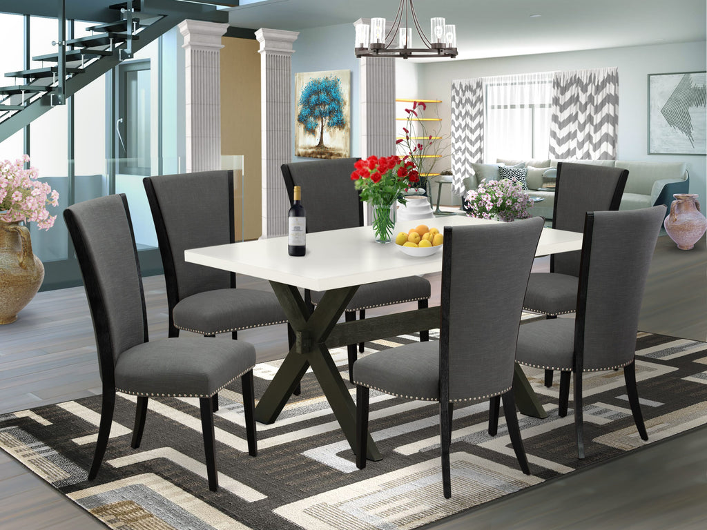 X676V8605-K 7Pc Dining Ensemble with 36x60 Rectangular Table and 6 Upholstered Chairs in Black & Jacobean Finish