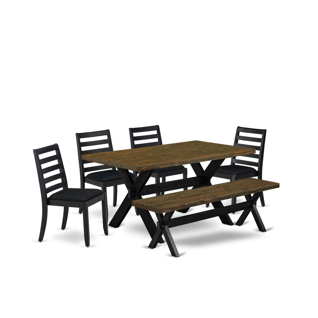 6-Piece Dining Set, X676X68EO-2 with Distressed Jacobean Tabletop, Bench, and Black Linen Chair