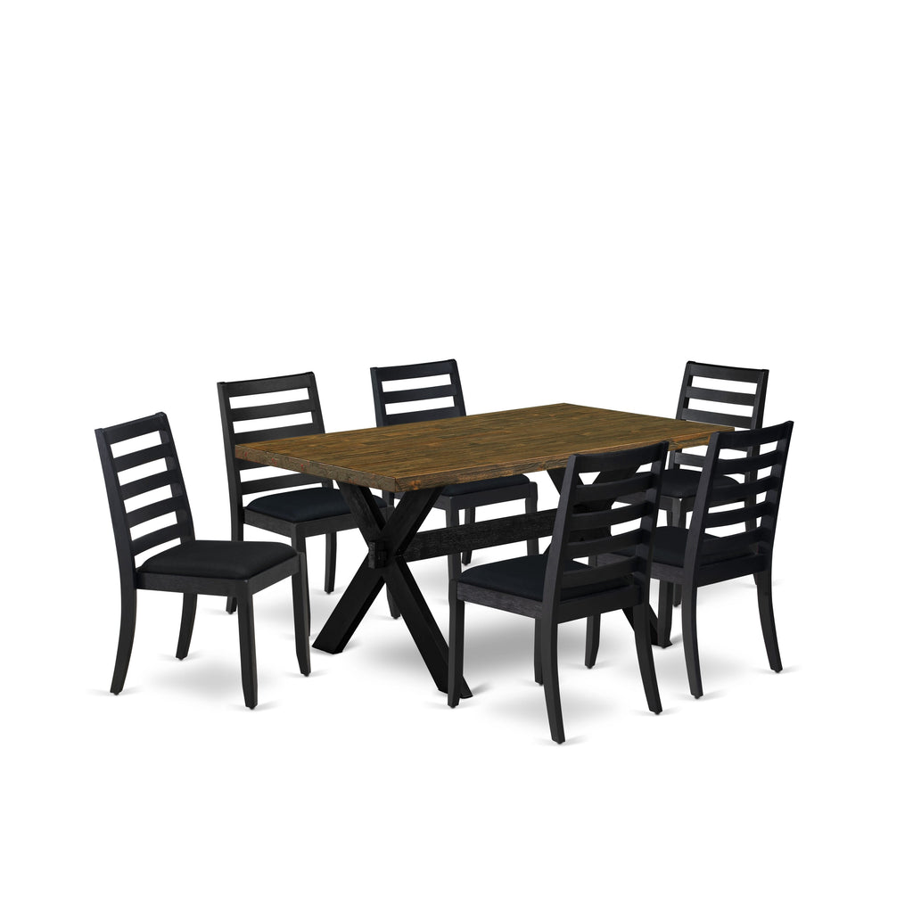 X676X7CS8-7 Distinctive Dining Ensemble 7 Piece Wooden Table with Jacobean Style Top & Black Linen Chairs