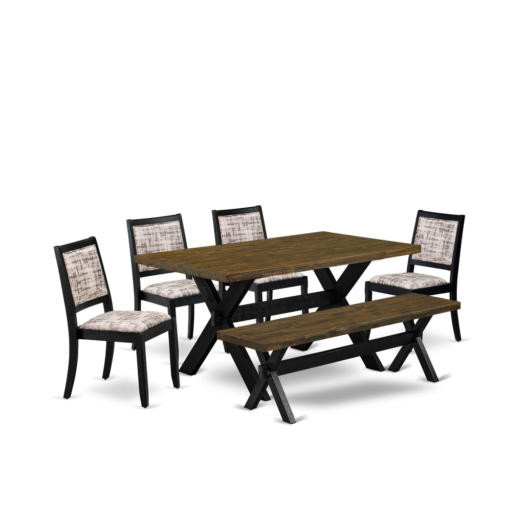6-piece Dining Ensemble with Distressed Jacobean Top, Bench, and 4 Chairs featuring Black Wire-brushing,  X676XTY3B-9
