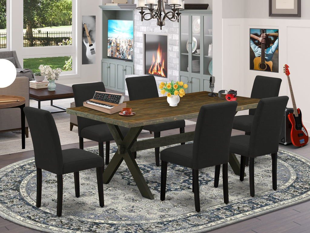 X677AC9L8 Contemporary 7-Piece Set with Rectangle Table & 6 Linen Upholstered Black Chairs, 40 x 72, Versatile Colors
