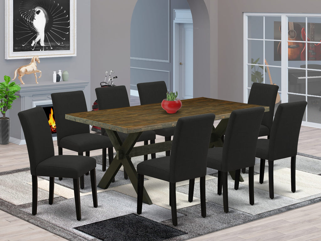 X677A8SYQ-P 9-Piece Dining Collection Rectangular Table with X-Base and Black Linen Fabric Chairs, Multi-Tone Elegance