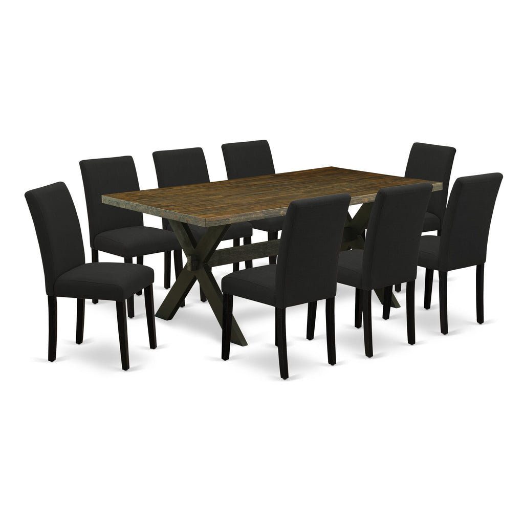 X677A8SYQ-P 9-Piece Dining Collection Rectangular Table with X-Base and Black Linen Fabric Chairs, Multi-Tone Elegance
