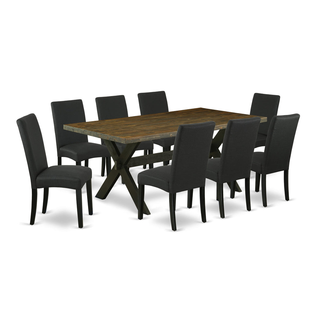 X677DOFH1-V 9-Piece Dining Ensemble Modern Rectangle Table with X-Legs and 8 Elegant Black Linen Chairs