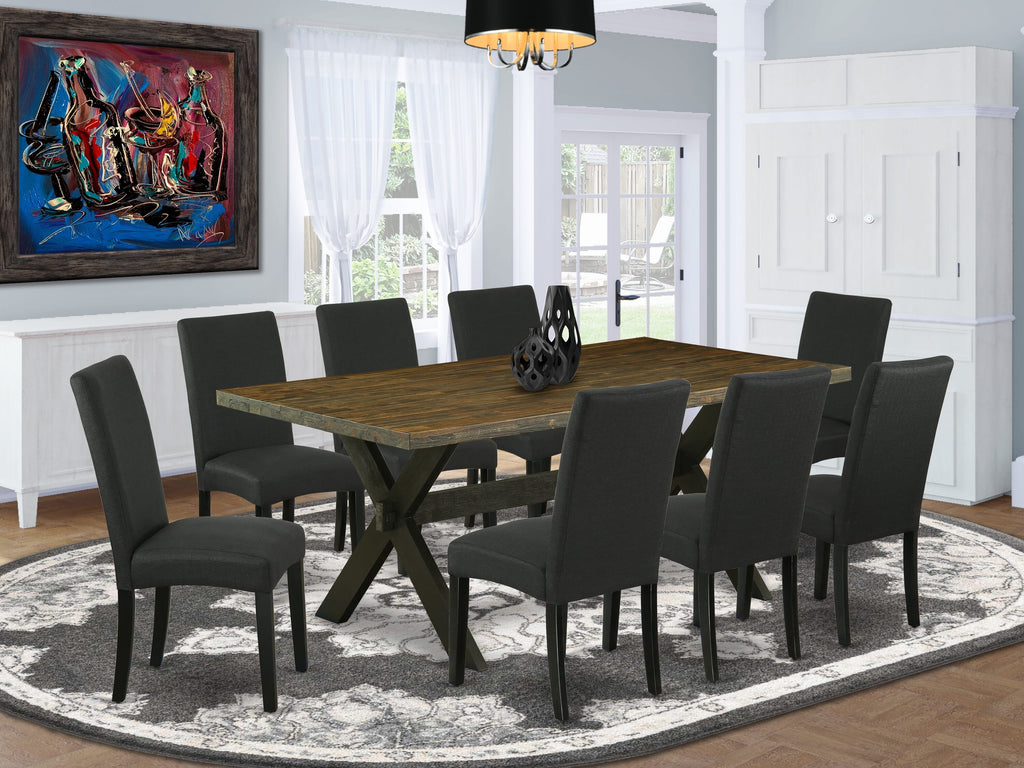 X677DOFH1-V 9-Piece Dining Ensemble Modern Rectangle Table with X-Legs and 8 Elegant Black Linen Chairs