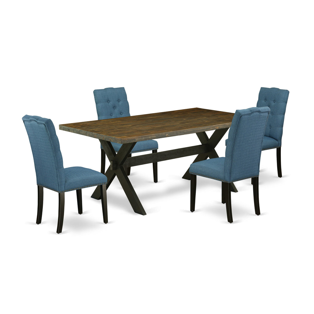 X677EDOUF-W 5-Piece Modern Dining Set X-Leg Table & 4 Blue Upholstered Chairs, 40x72 Multi-Color Ensemble