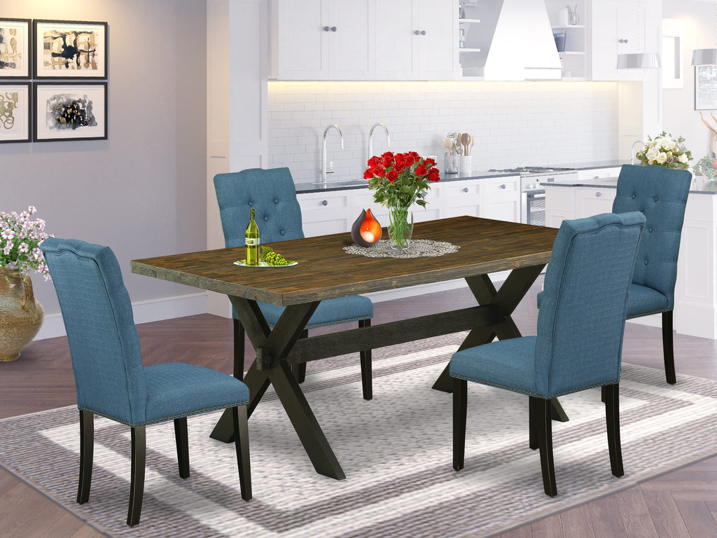 X677EDOUF-W 5-Piece Modern Dining Set X-Leg Table & 4 Blue Upholstered Chairs, 40x72 Multi-Color Ensemble