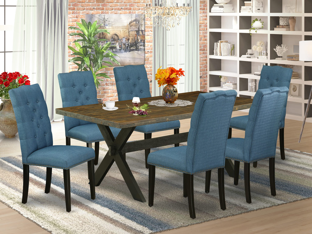 X677E9232-Q Stylish 7-Piece Dining Set Rectangle Table with X-Legs & 6 Upholstered Chairs, Multi-Color