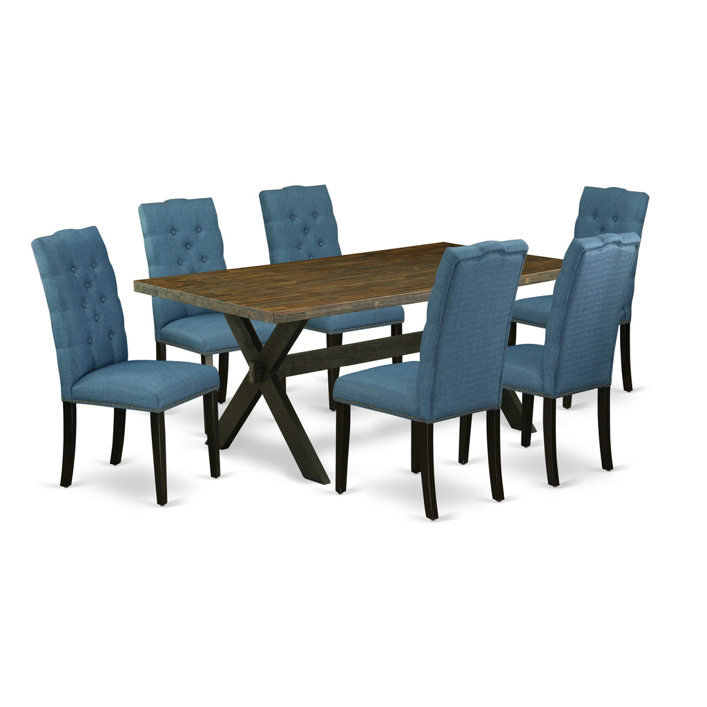 X677E9232-Q Stylish 7-Piece Dining Set Rectangle Table with X-Legs & 6 Upholstered Chairs, Multi-Color