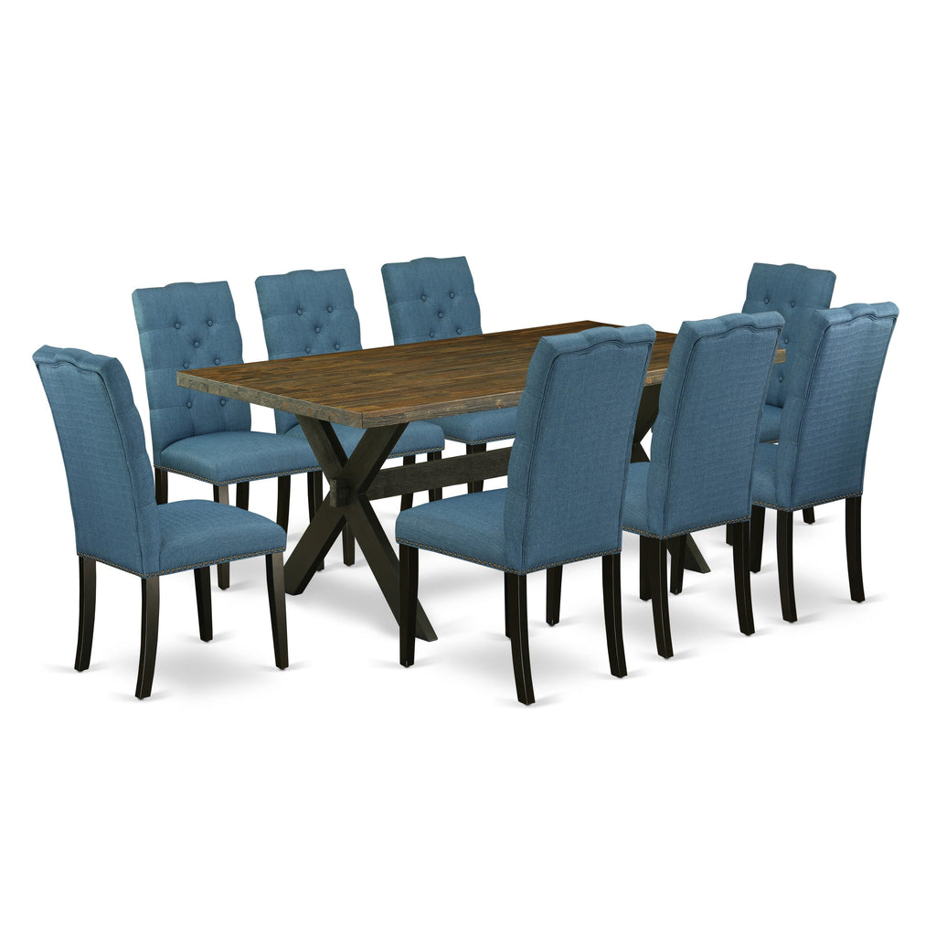 X677EGQDR-W 9 Piece Dining Set Elegant Rectangular Table & 8 Blue Linen Chairs, X-Leg Design, 40x72 Inch, Multi-Hue