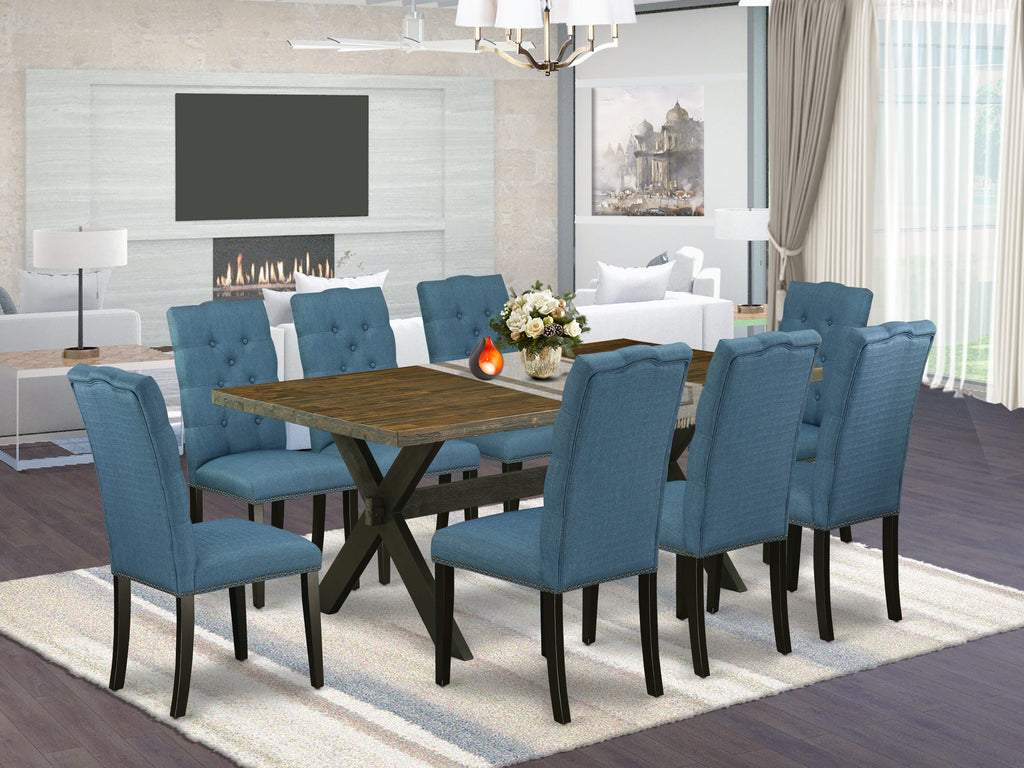 X677EGQDR-W 9 Piece Dining Set Elegant Rectangular Table & 8 Blue Linen Chairs, X-Leg Design, 40x72 Inch, Multi-Hue