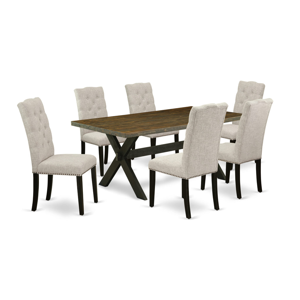 X677E1BN4-G Stylish Dining Ensemble - Rectangular Table with X-Legs and 6 Elegant Doeskin Linen Chairs for a Sophisticated Dining Experience - Multi-Color, 40x72 Inches