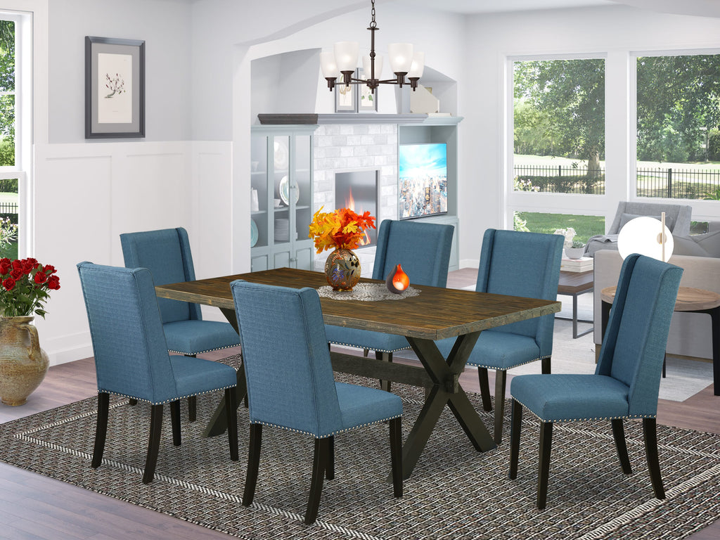 X677FMGZP-5 7-Piece Dining Collection with Rectangular Table and 6 Linen Blue Chairs, Multi-Color