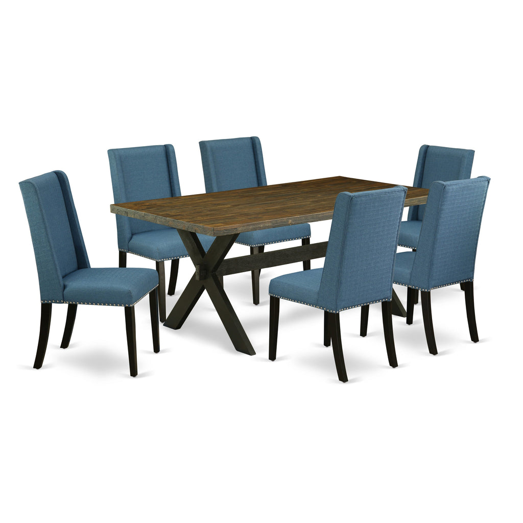 X677FMGZP-5 7-Piece Dining Collection with Rectangular Table and 6 Linen Blue Chairs, Multi-Color