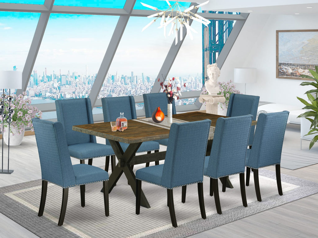 X677F93ZZ-Q 9-Piece Dining Set Rectangular Table with X-Legs & 8 Blue Upholstered Chairs, Multi-Color