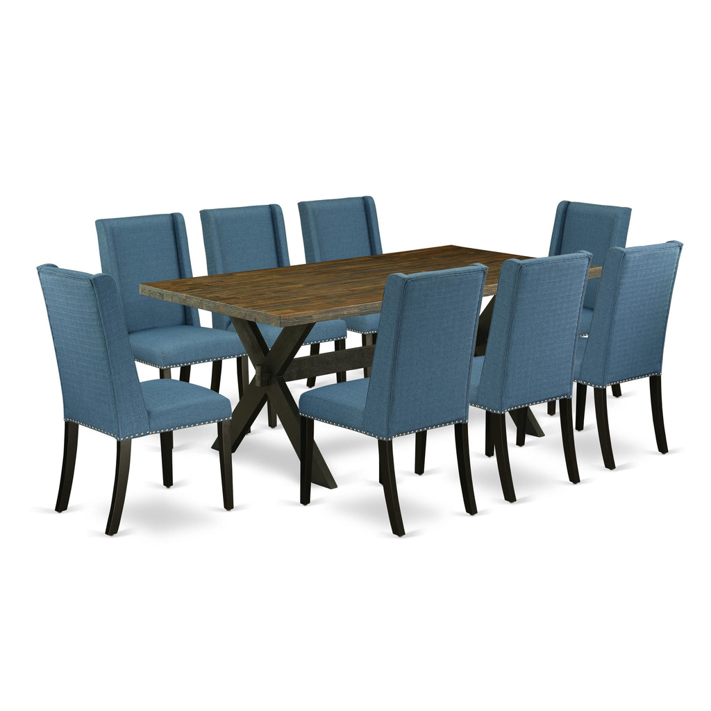 X677F93ZZ-Q 9-Piece Dining Set Rectangular Table with X-Legs & 8 Blue Upholstered Chairs, Multi-Color
