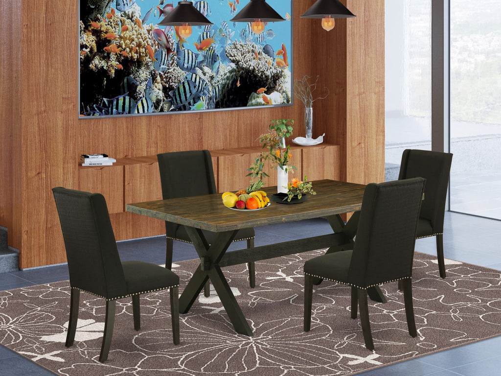 X677F0726-1 Elegant 5 Piece Dining Ensemble with X-Leg Table & 4 Black Linen Upholstered Chairs, 40x72 Multicolor Design