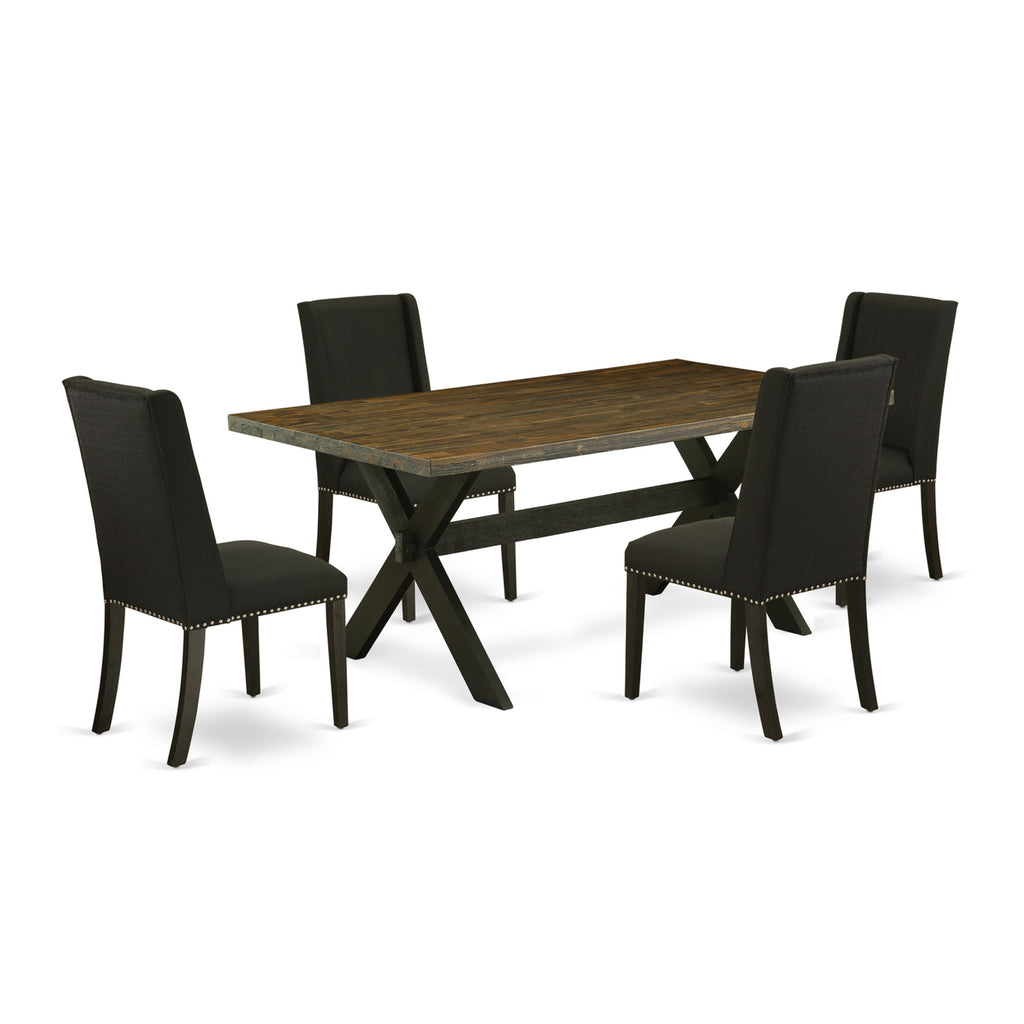 X677F0726-1 Elegant 5 Piece Dining Ensemble with X-Leg Table & 4 Black Linen Upholstered Chairs, 40x72 Multicolor Design