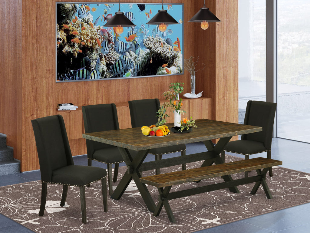 X677FRL9F-1 Six-Piece Ensemble Rectangular Table with Crossed Base & Four Padded Chairs with Bench, Multicolor