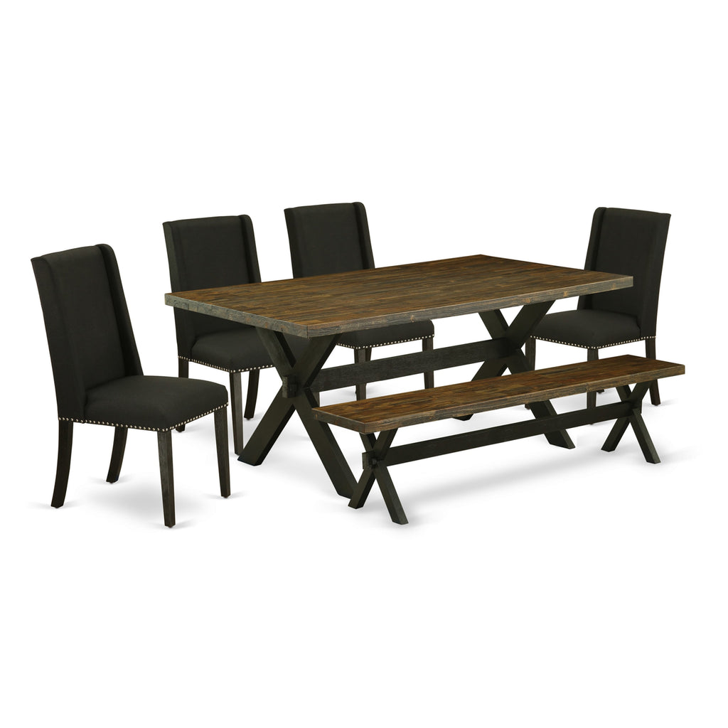 X677FRL9F-1 Six-Piece Ensemble Rectangular Table with Crossed Base & Four Padded Chairs with Bench, Multicolor