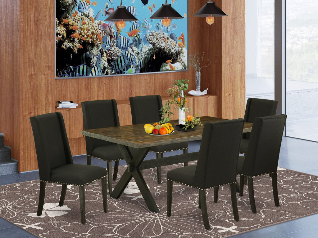 X677FJZAU-2 Stylish 7-Piece Dining Set Rectangular Wooden Table & 6 Black Upholstered Parson Chairs, X-Leg Design, 40x72 Inch