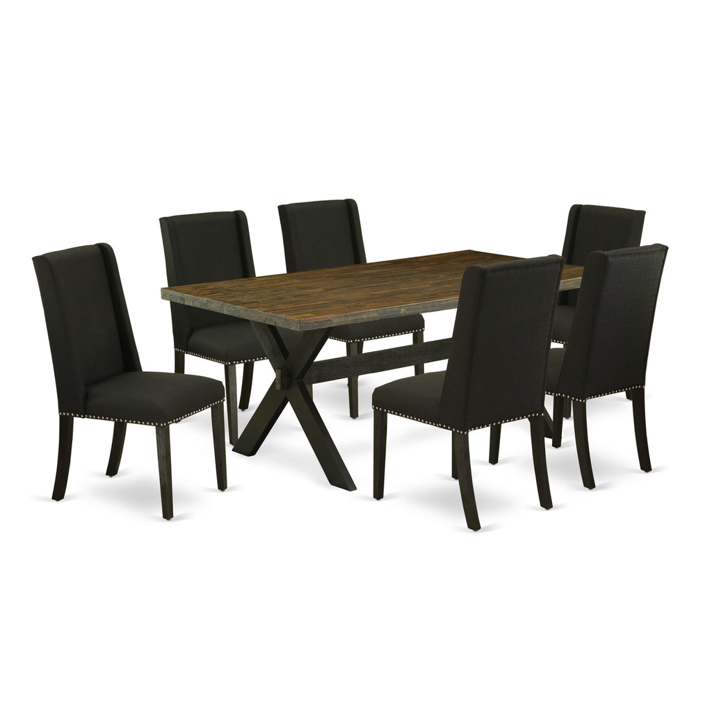 X677FJZAU-2 Stylish 7-Piece Dining Set Rectangular Wooden Table & 6 Black Upholstered Parson Chairs, X-Leg Design, 40x72 Inch