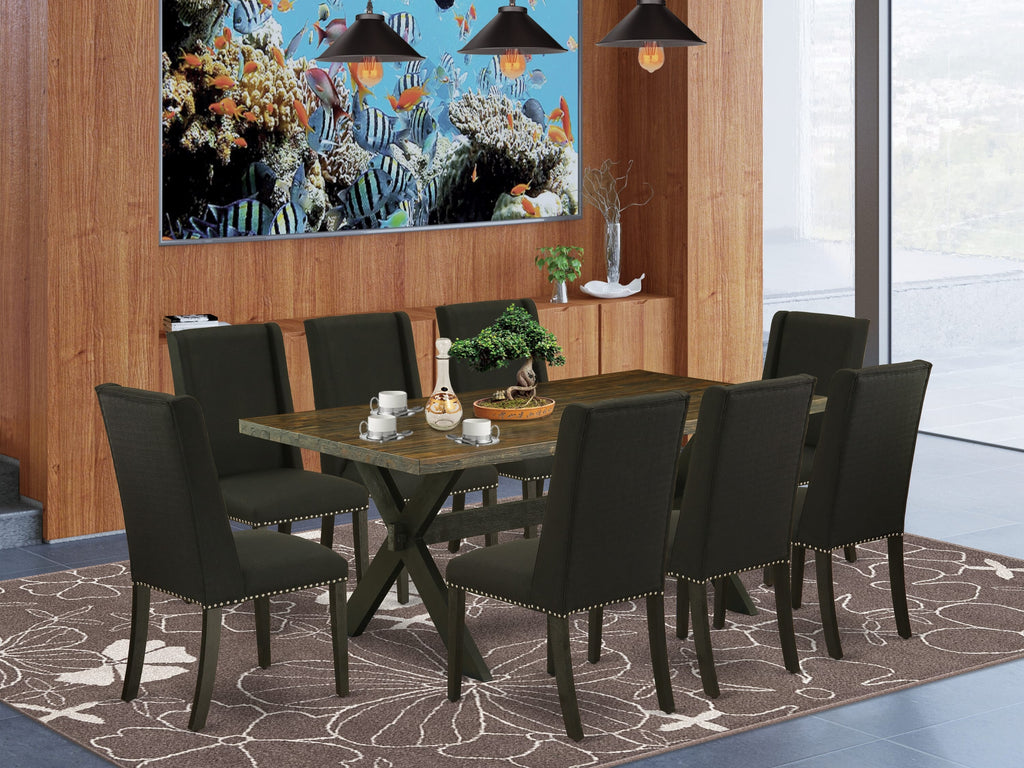 X677FGBRC-R 9-Piece Set X-Leg Rectangular Table & 8 Black Linen Parson Chairs, 40x72in