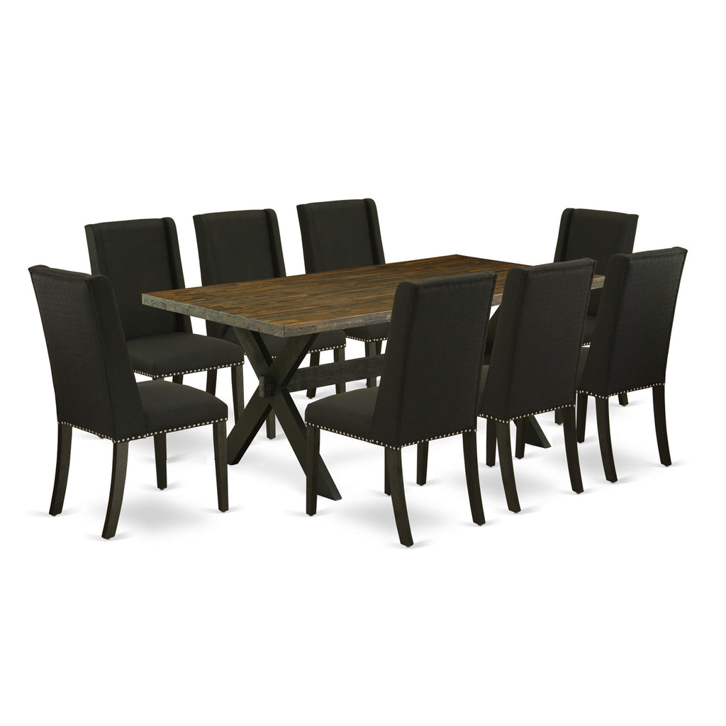 X677FGBRC-R 9-Piece Set X-Leg Rectangular Table & 8 Black Linen Parson Chairs, 40x72in