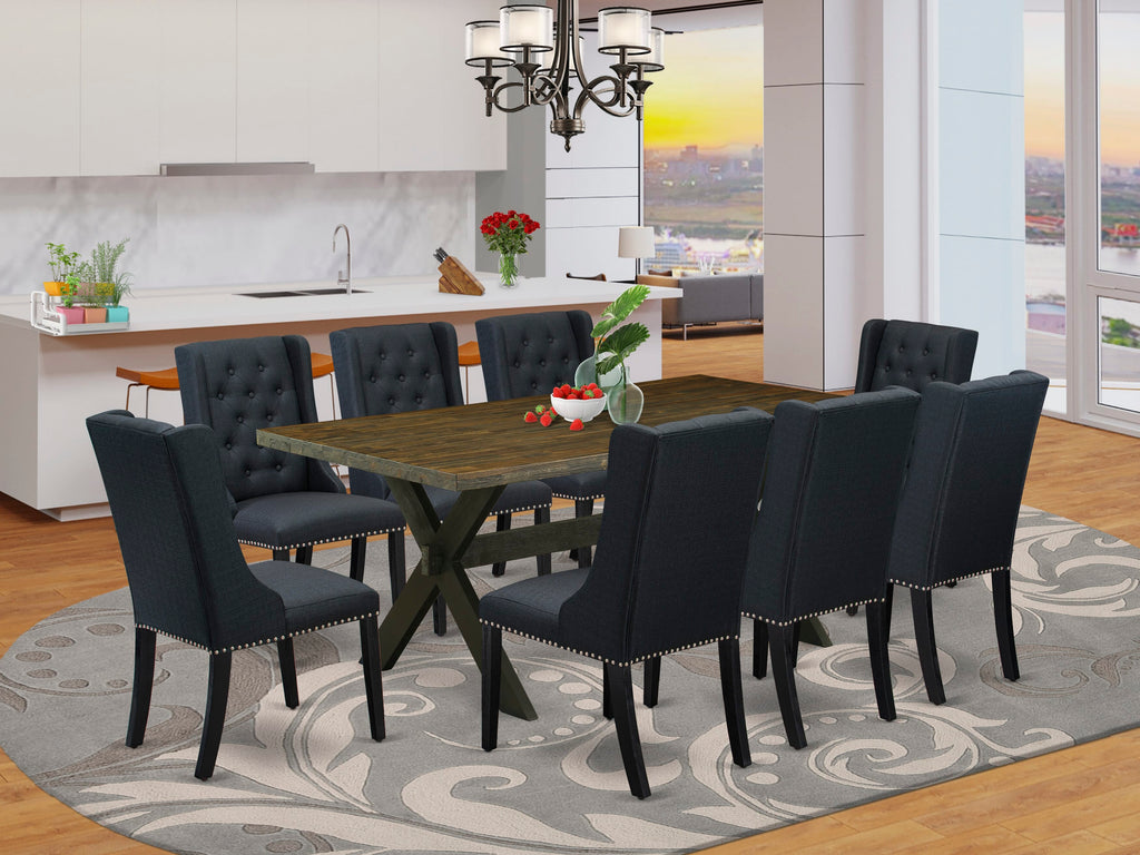 X677F7PKH-V 9-Piece Dining Room Ensemble with Rectangular Table and X-Leg Design Plus 8 Luxe Black Upholstered Seats