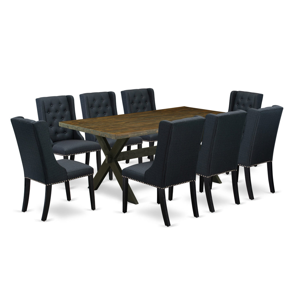 X677F7PKH-V 9-Piece Dining Room Ensemble with Rectangular Table and X-Leg Design Plus 8 Luxe Black Upholstered Seats