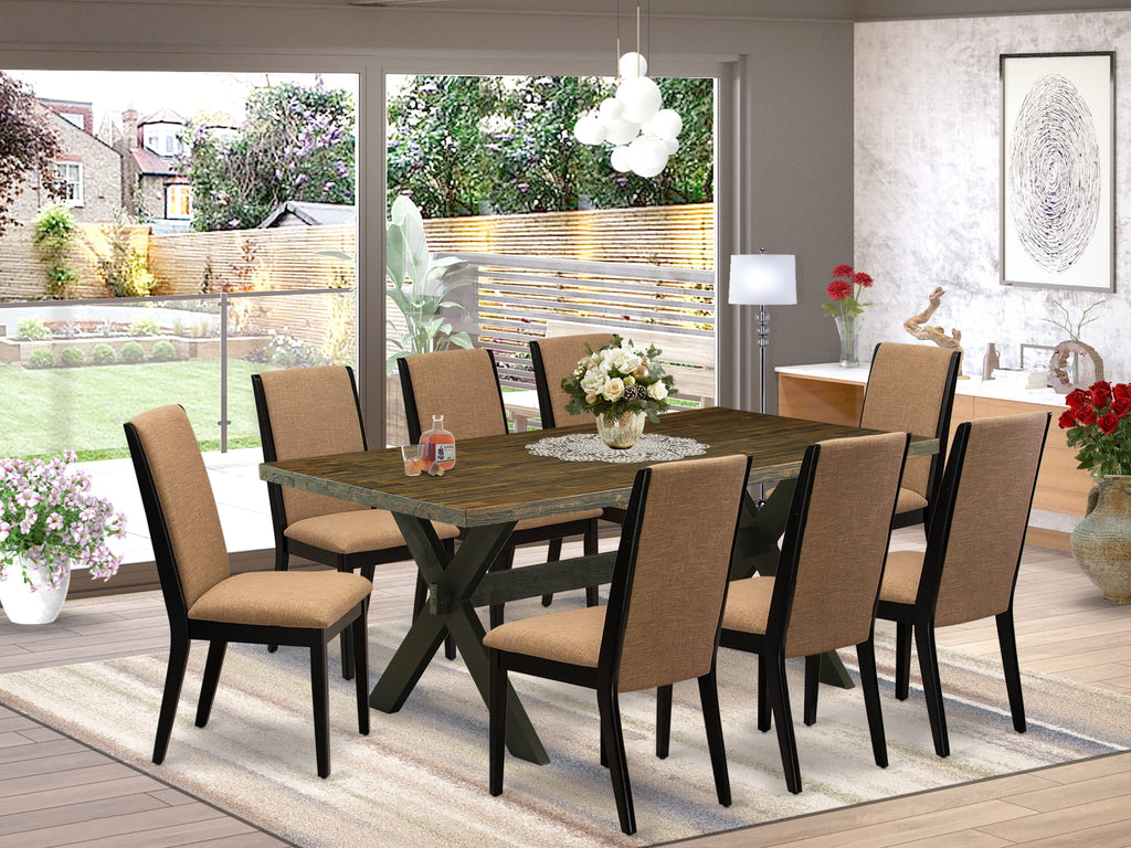 X677LF70V-J 9-Piece Dining Ensemble Featuring Rectangular Table with Cross-Legs and 8 Sable Linen Upholstered Chairs, 40x72 Multi-Tone