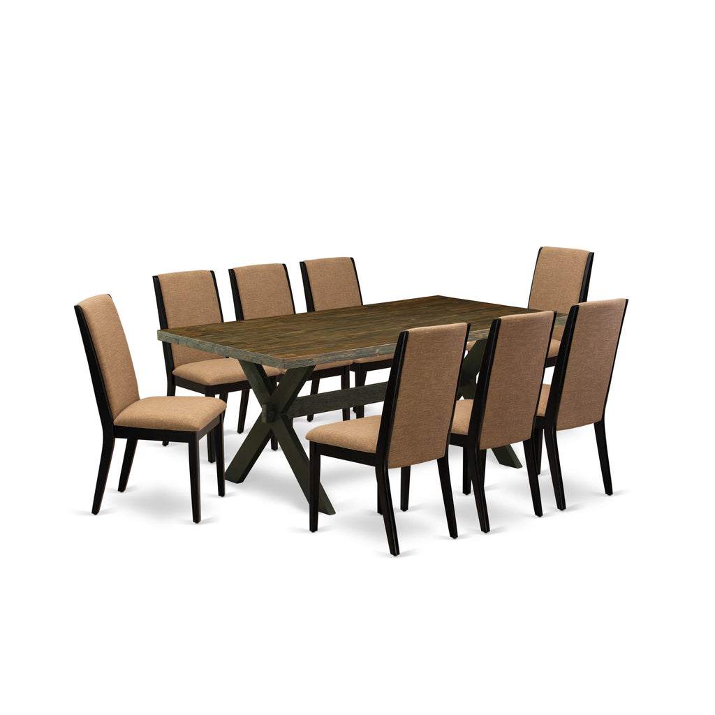 X677LF70V-J 9-Piece Dining Ensemble Featuring Rectangular Table with Cross-Legs and 8 Sable Linen Upholstered Chairs, 40x72 Multi-Tone