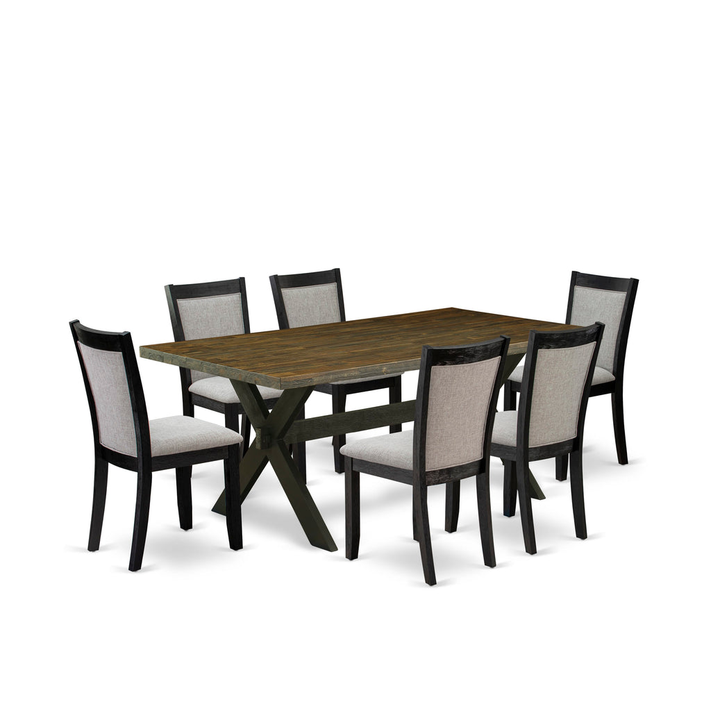 X677M2HH5-F 7-Piece Dining Collection with Rectangular Table and X-Leg Style, Includes 6 Parson Chairs in Shitake Linen Fabric, 40x72 Inch, Multi-Tone