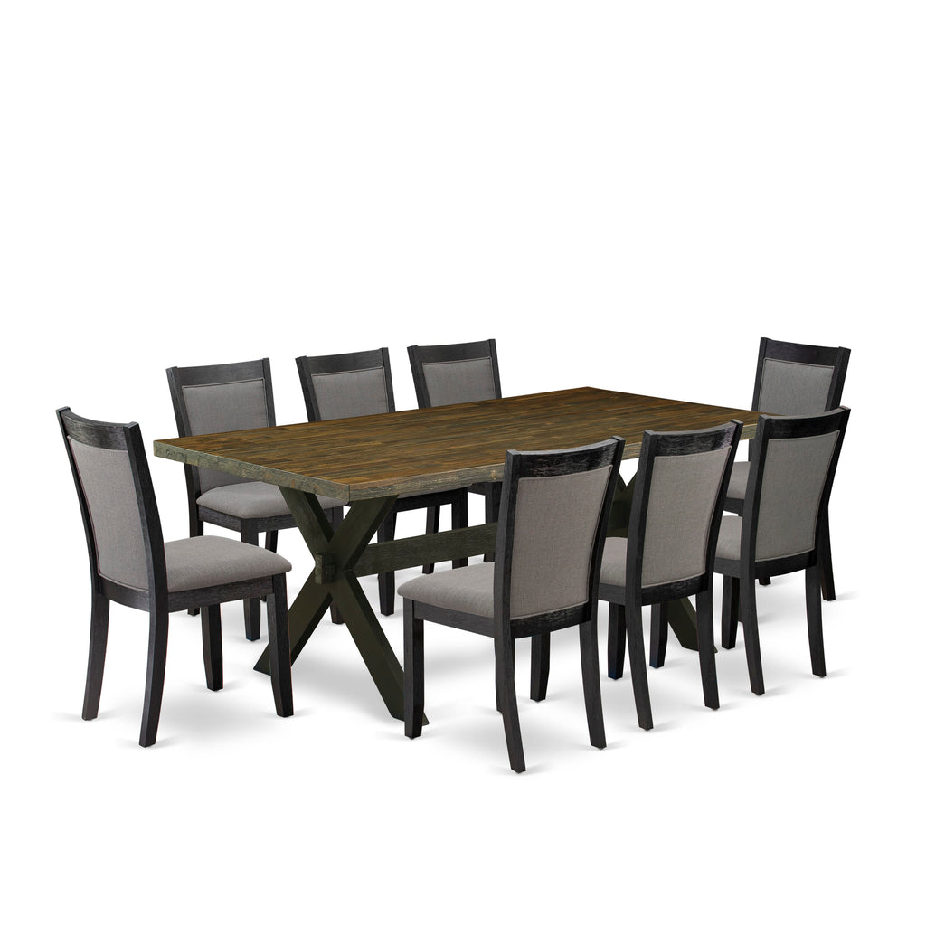 X677MIXDJ-N 9 Piece Dinner Ensemble with X-Leg Rectangle Table & 8 Gotham Grey Upholstered Chairs 40x72