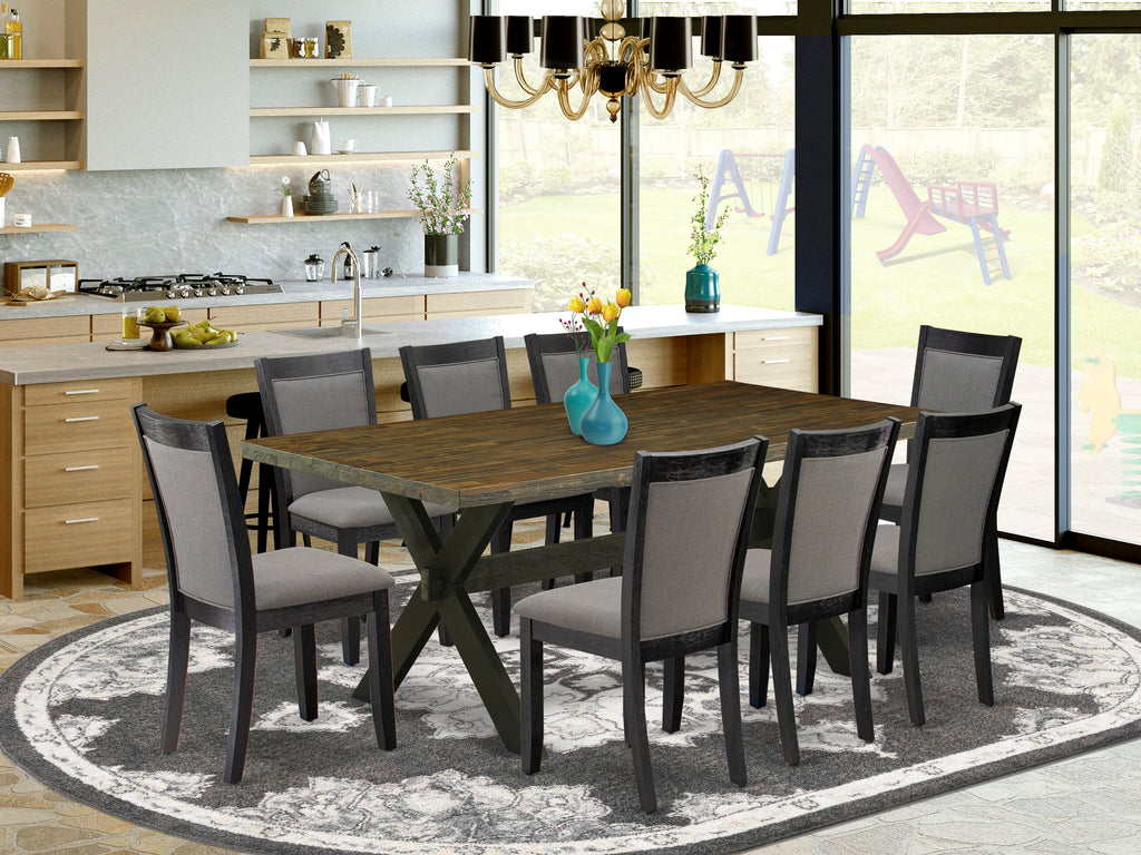 X677MIXDJ-N 9 Piece Dinner Ensemble with X-Leg Rectangle Table & 8 Gotham Grey Upholstered Chairs 40x72