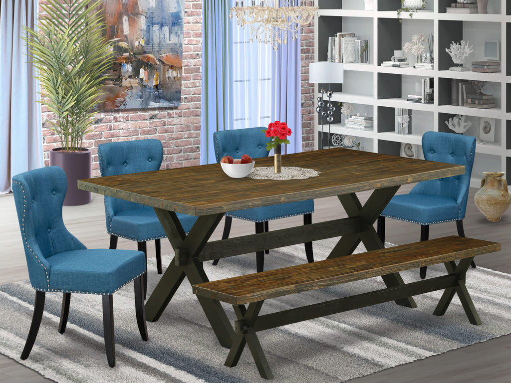 X677S22KD-N Dining Ensemble with X-Leg Table and Blue Chairs - 6 Piece Set