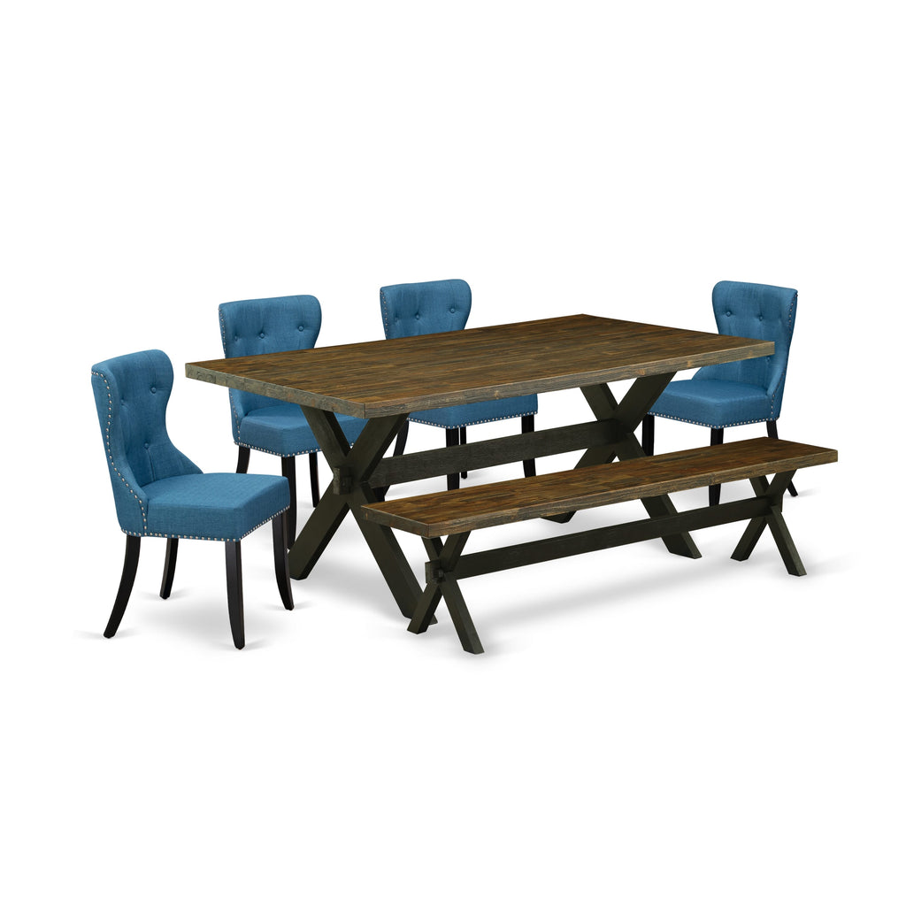 X677S22KD-N Dining Ensemble with X-Leg Table and Blue Chairs - 6 Piece Set