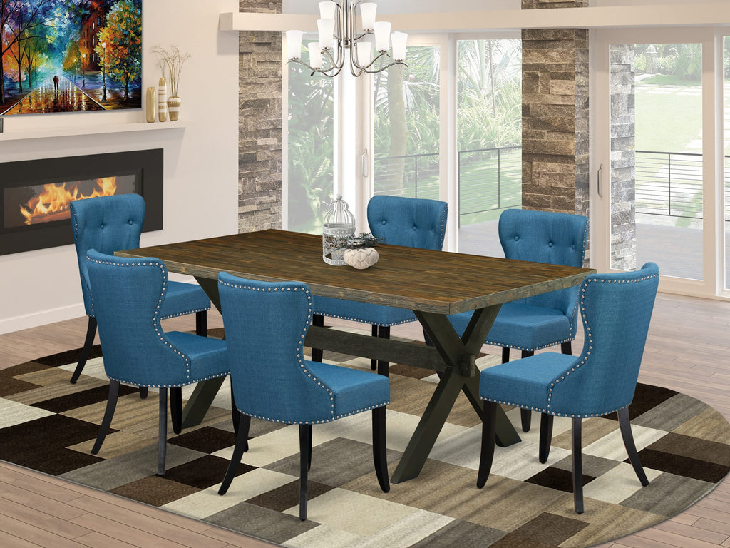 X677SO0UF-1 Seven Furniture Pieces for Dining Room - Rectangle Table with Crossed Supports and Six Elegant Sea-Blue Chairs, Ensuring Style and Comfort, 40x72, Multi-tone