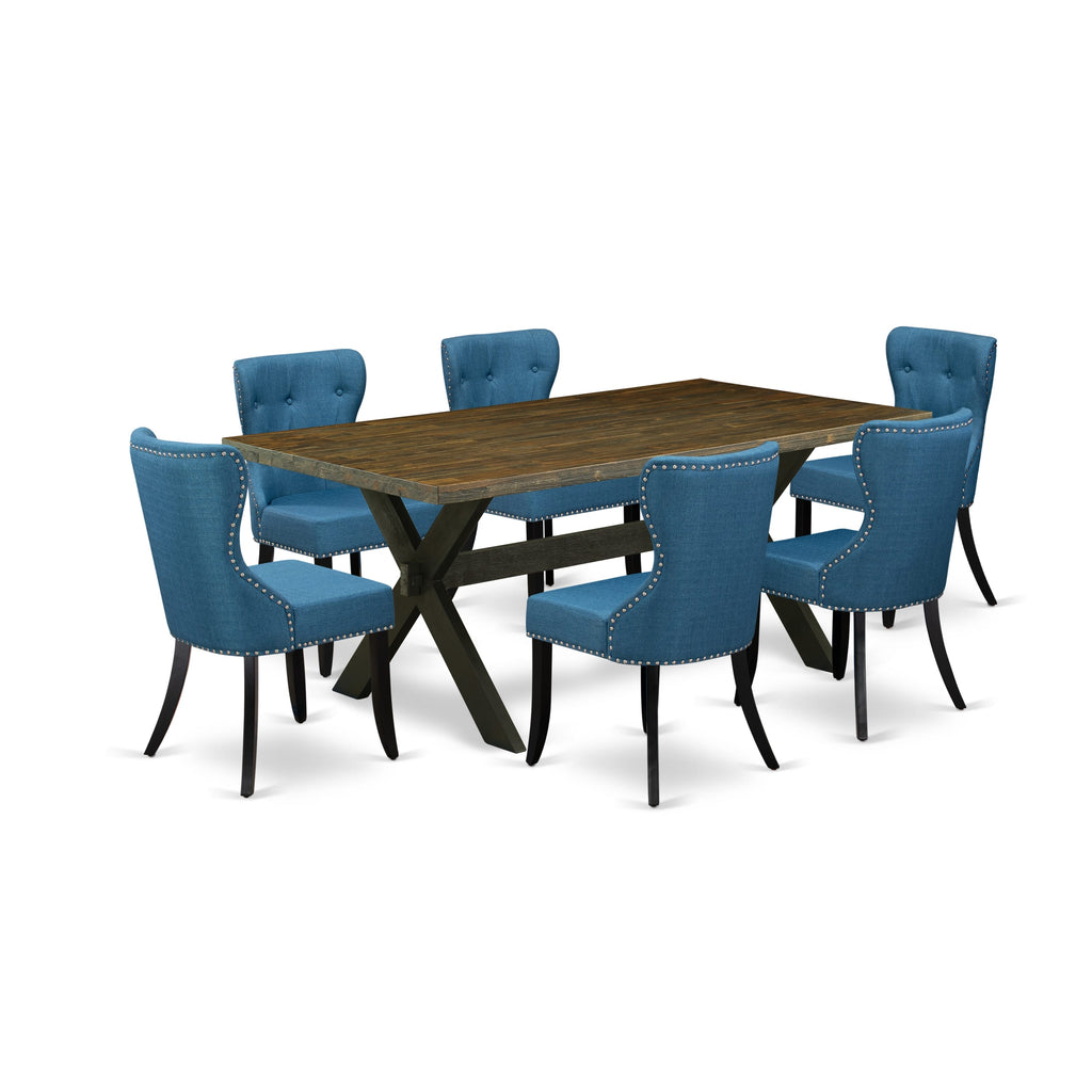 X677SO0UF-1 Seven Furniture Pieces for Dining Room - Rectangle Table with Crossed Supports and Six Elegant Sea-Blue Chairs, Ensuring Style and Comfort, 40x72, Multi-tone