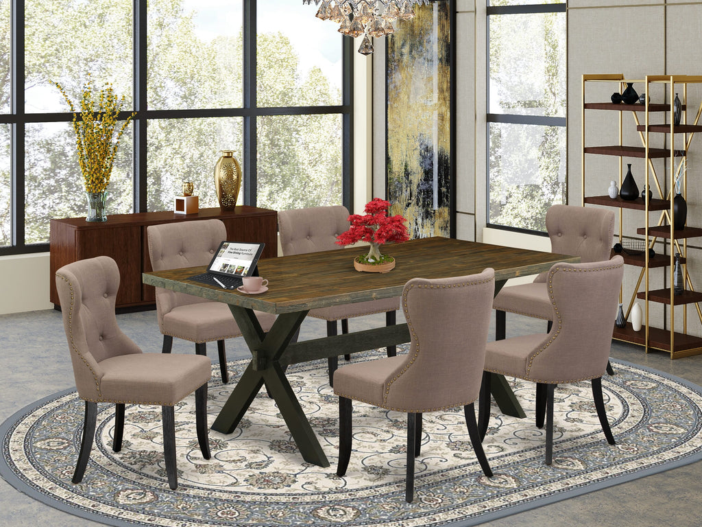 X677SW7NE-7 Sophisticated 7pc Dining Ensemble - Rectangular Table & 6 Chic Coffee Fabric Parsons Chairs, 40x72 Size