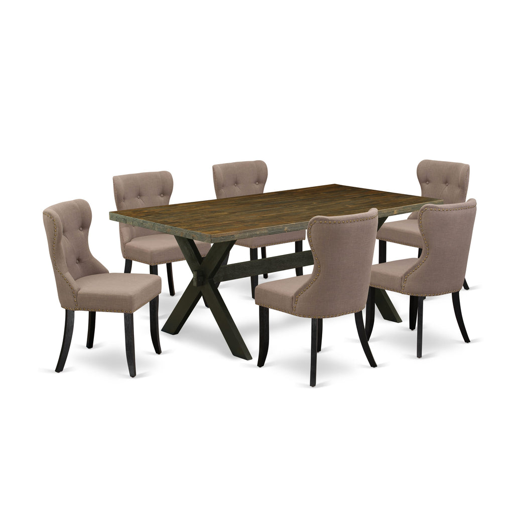 X677SW7NE-7 Sophisticated 7pc Dining Ensemble - Rectangular Table & 6 Chic Coffee Fabric Parsons Chairs, 40x72 Size