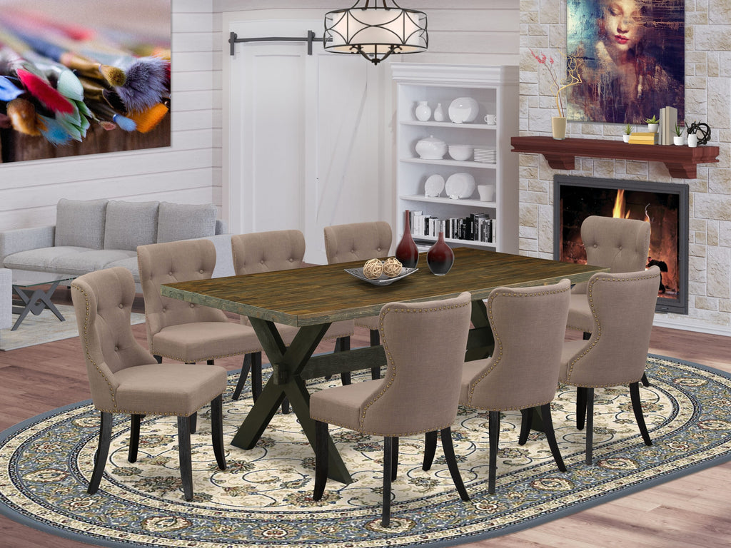 X677SGG47-M 9-Piece Dining Ensemble with Rectangle Table, X-Legs & 8 Coffee Linen Chairs