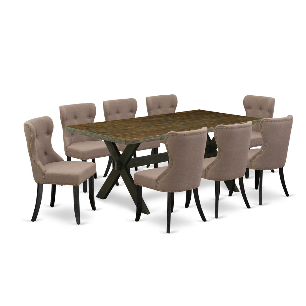 X677SGG47-M 9-Piece Dining Ensemble with Rectangle Table, X-Legs & 8 Coffee Linen Chairs